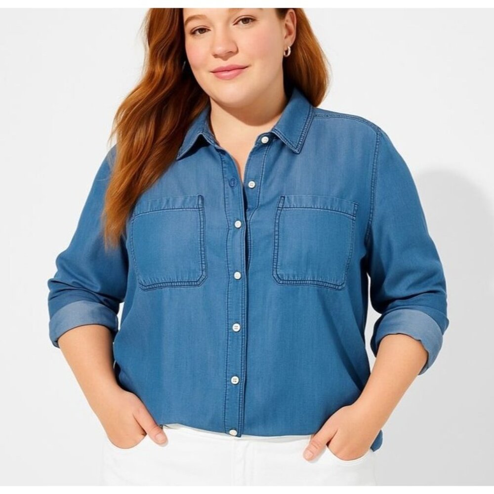 NEW Torrid Womens Chambray 2 Pocket Button Shirt Indigo Tencel Plus Size 2 | 2X